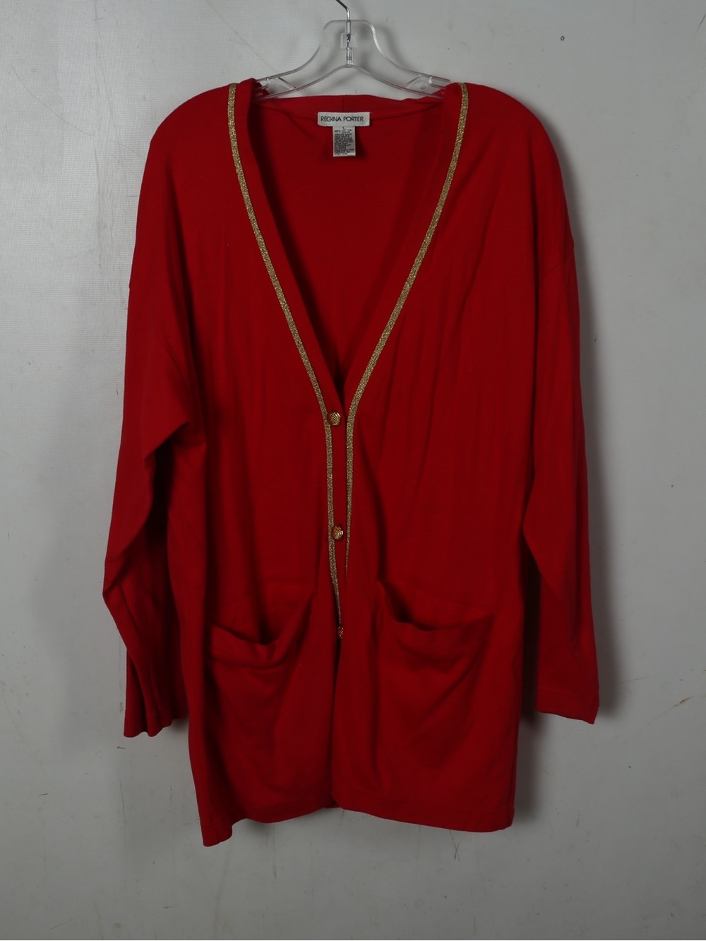 Regina Porter Red V-Neck Cardigan and Shirt with Gold Trim and a matching Skirt